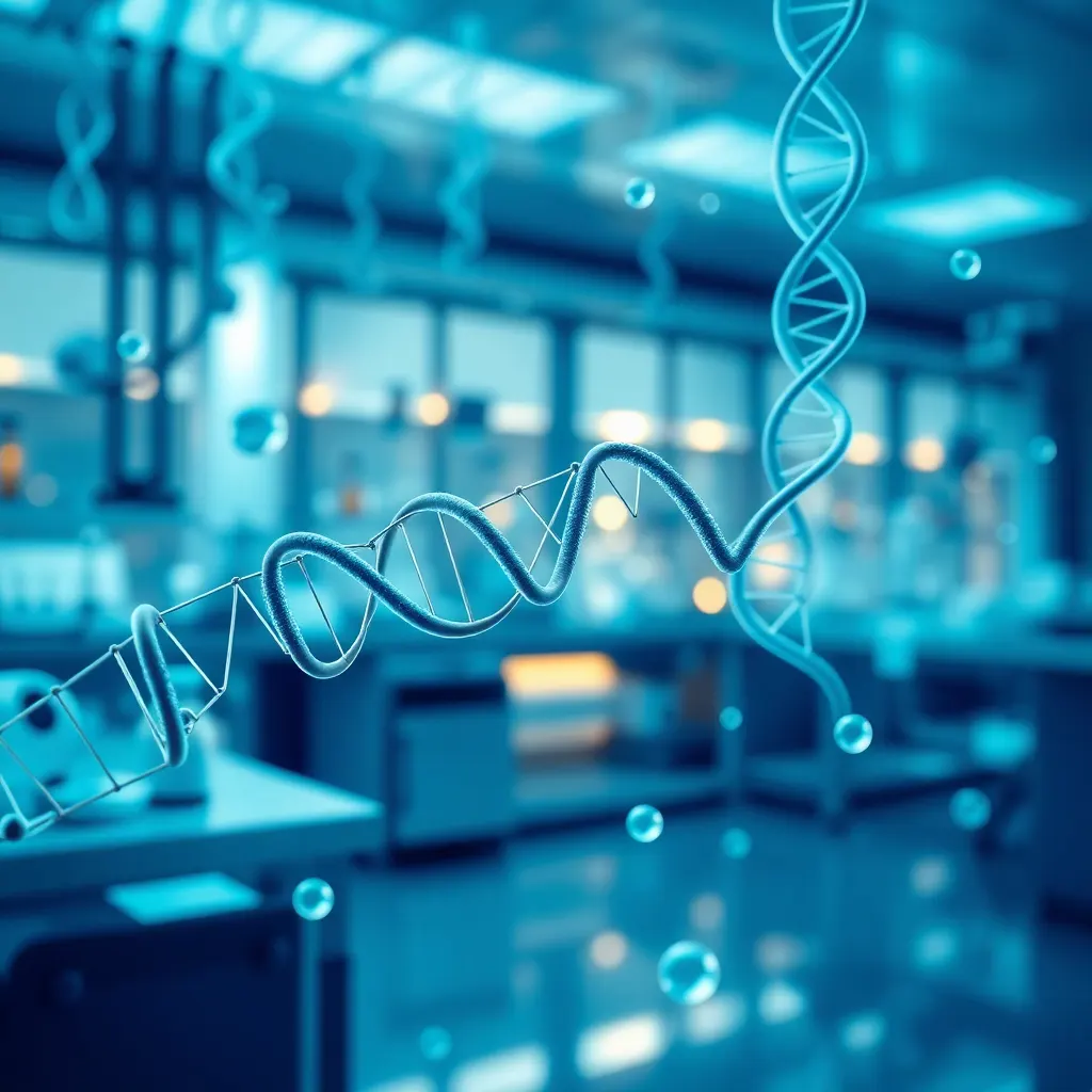 abstract medical research laboratory with DNA strands and molecular structures, futuristic blue tone